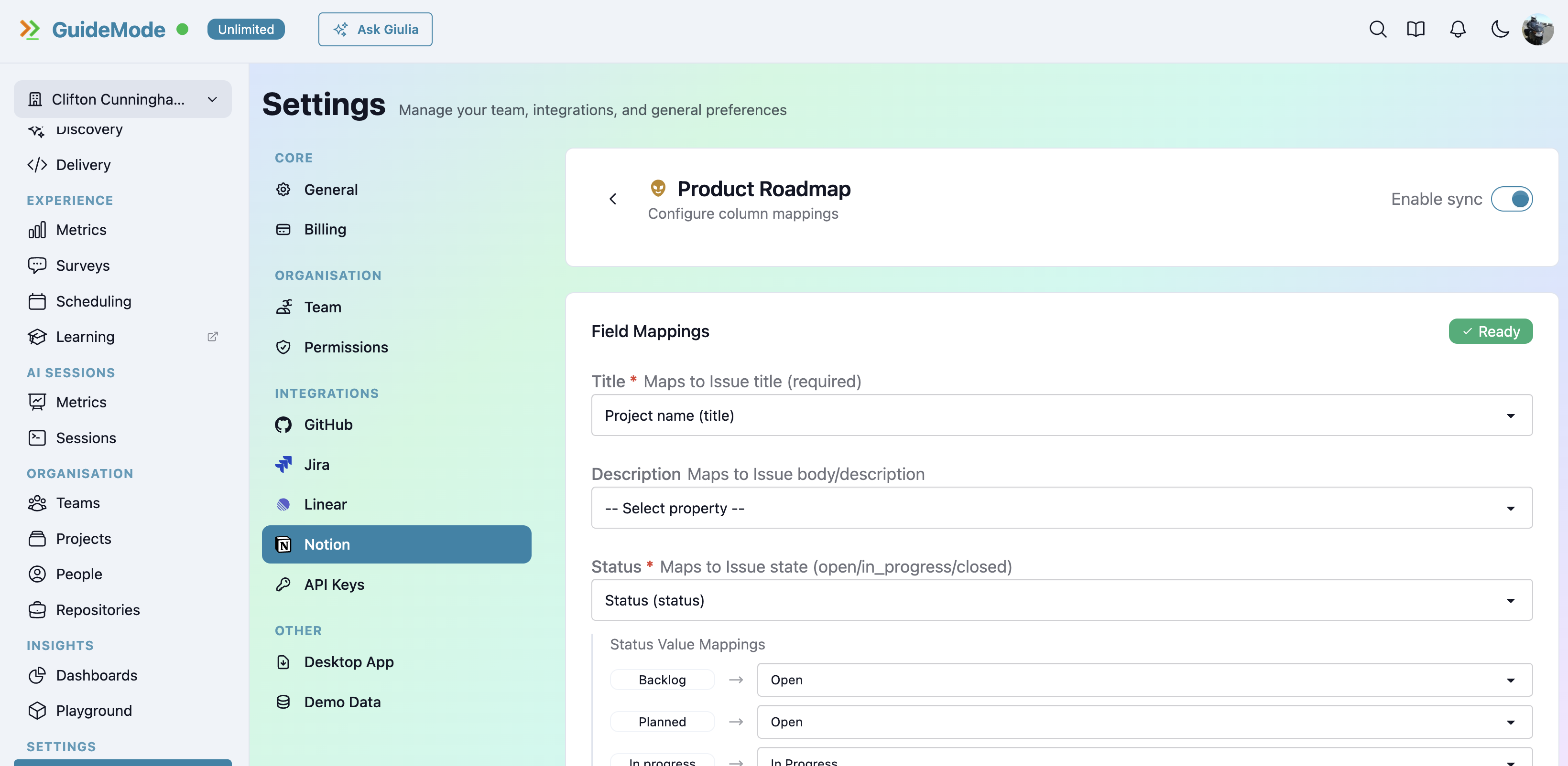 Notion Integration Settings