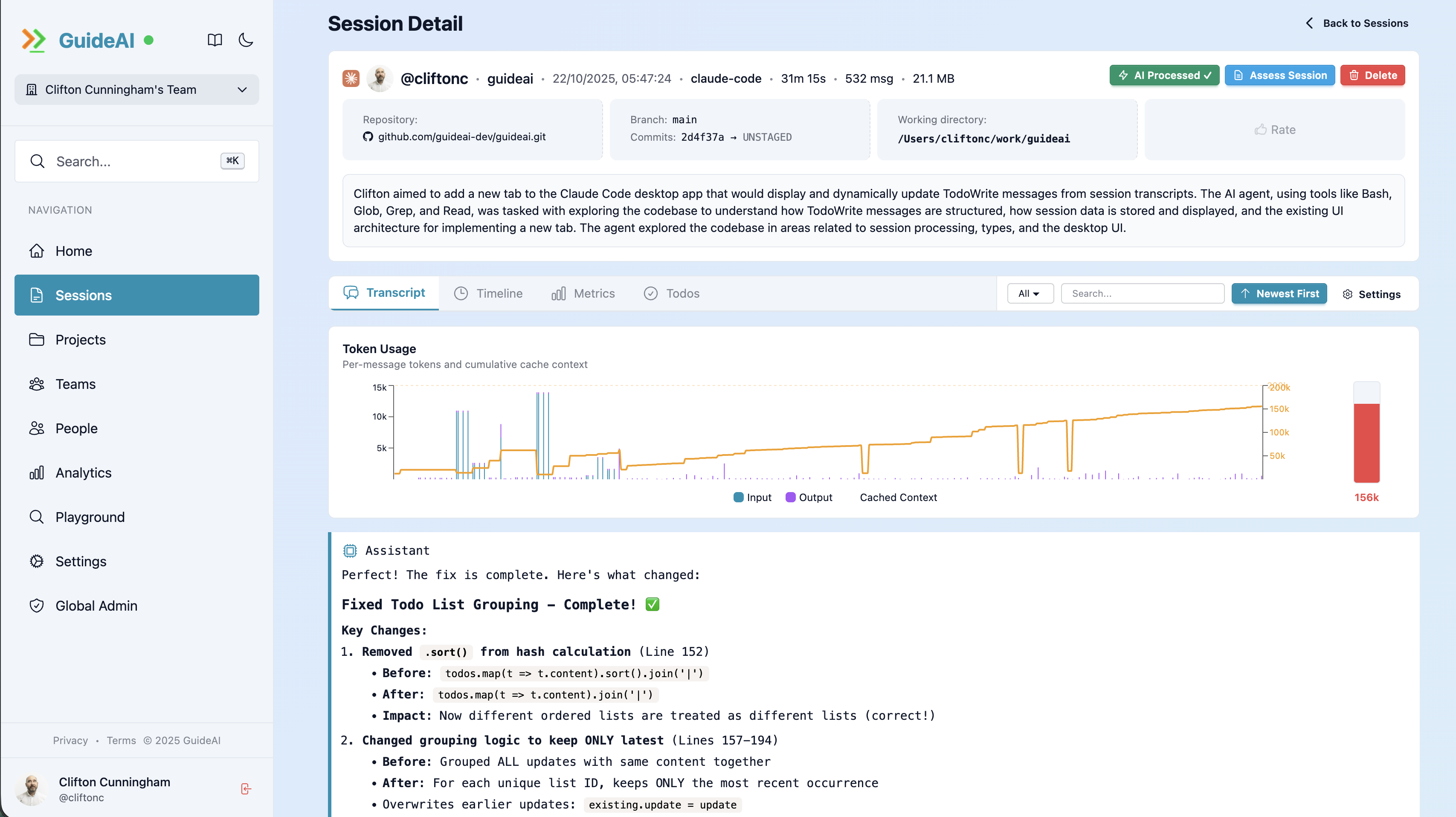 Detailed session view showing AI interactions